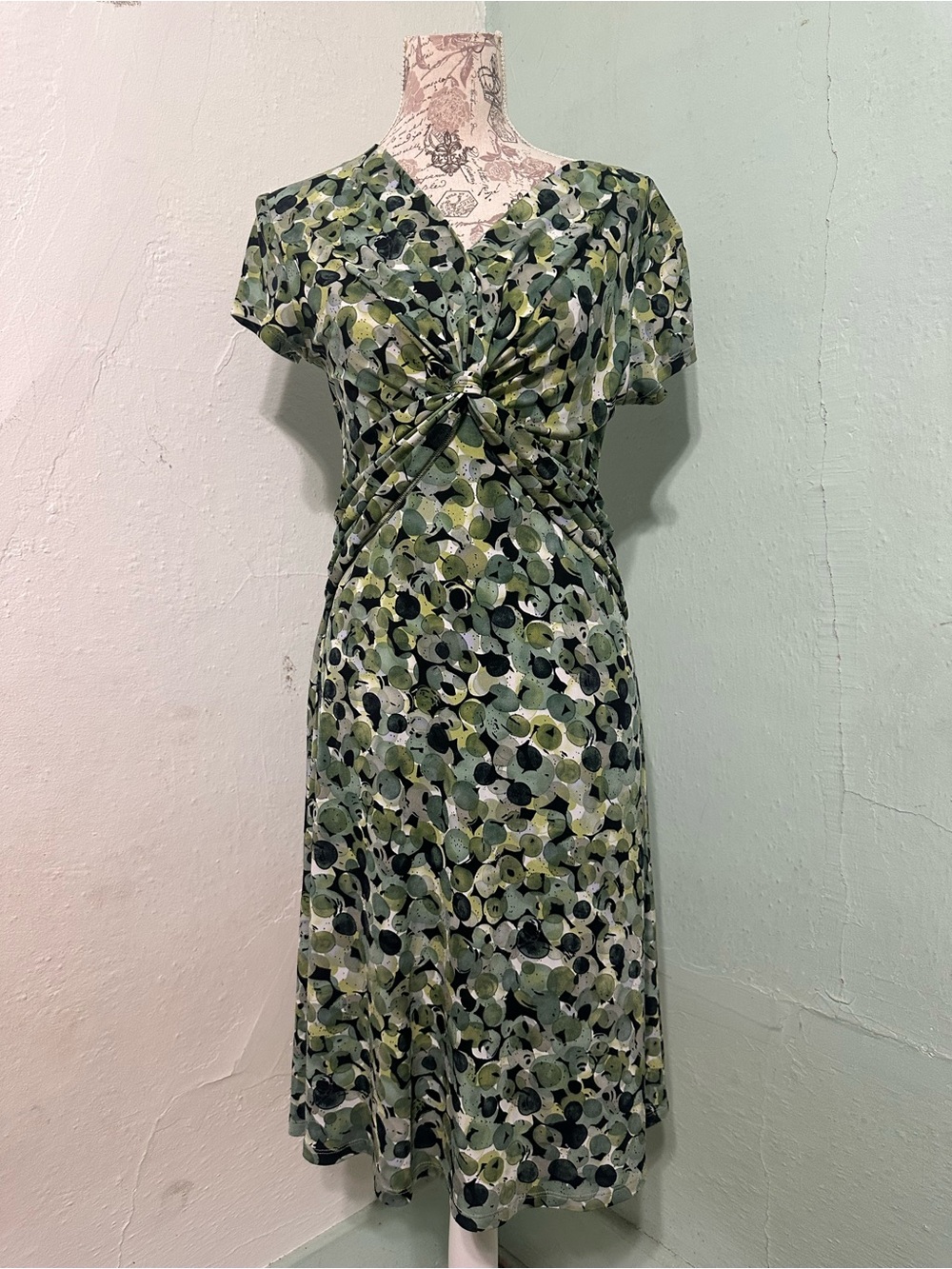 Y2K 2000 Connected Apparel Knot-Front polka dot Midi Dress Green short sleeve 8
